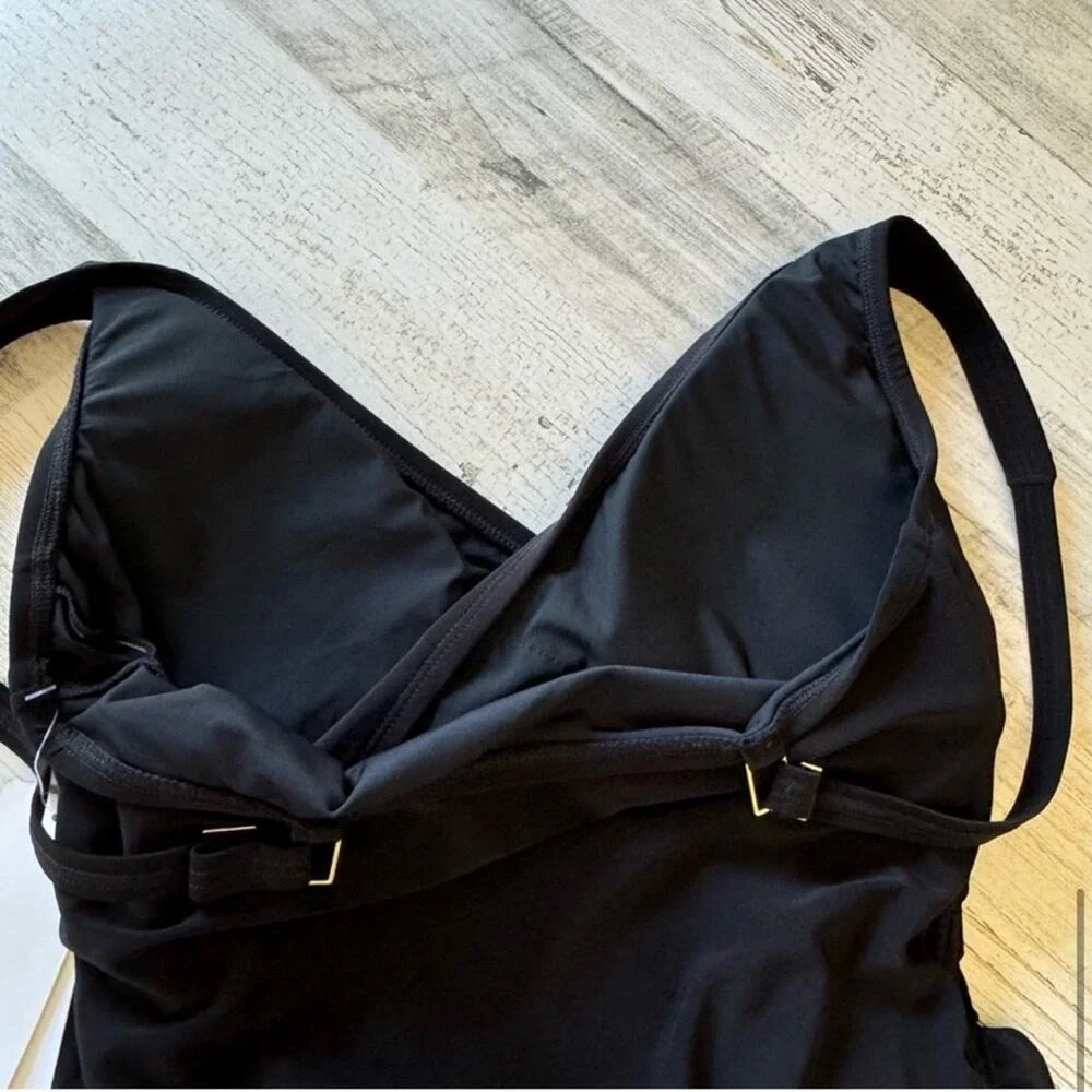 NWOT Beyond Control Black Surplice Ruched Swim Dress Tankini Top